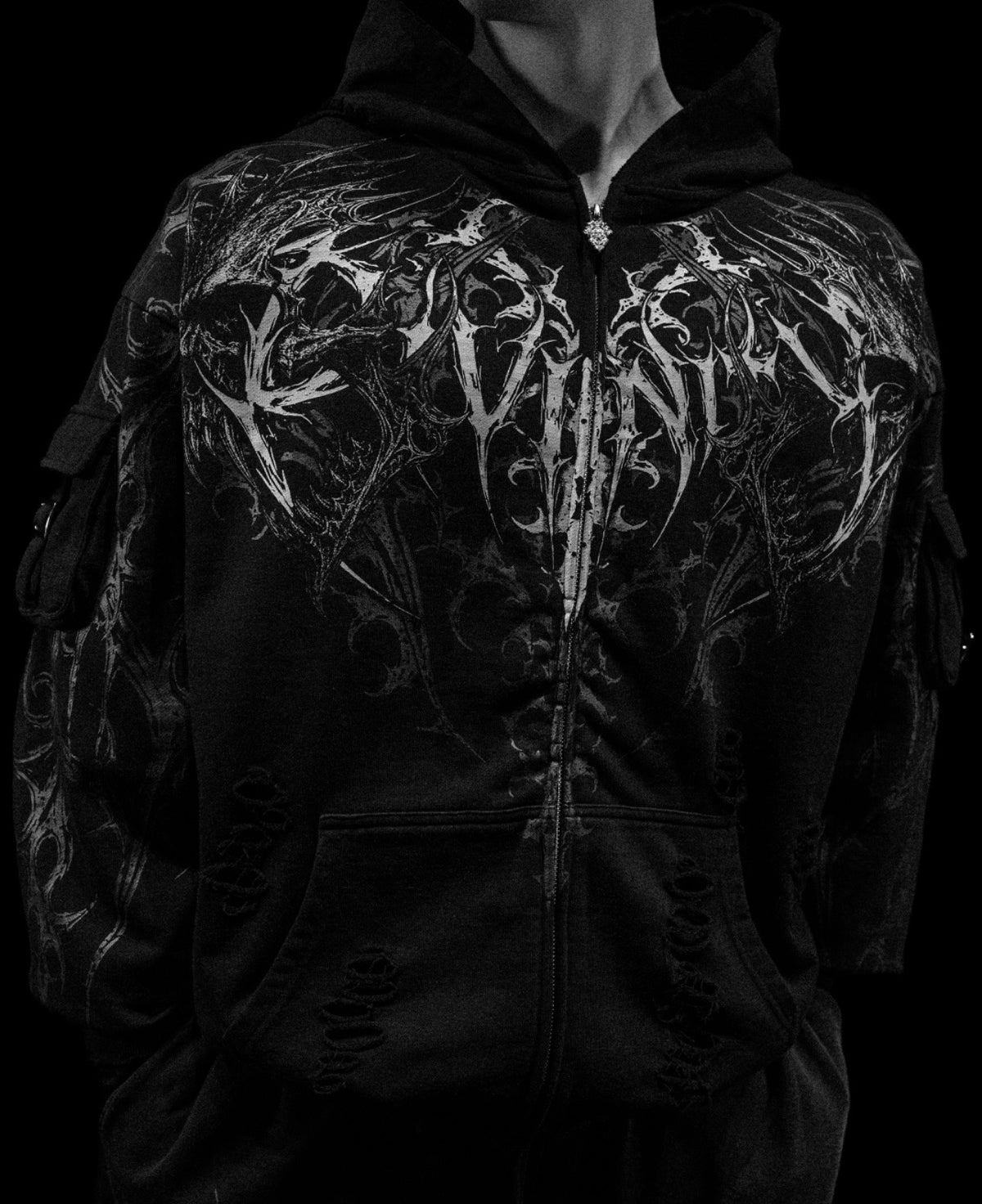 VINDICATOR TARNISHED CARGO OVERSIZED ZIP-UP HOODIE (VOID BLACK)